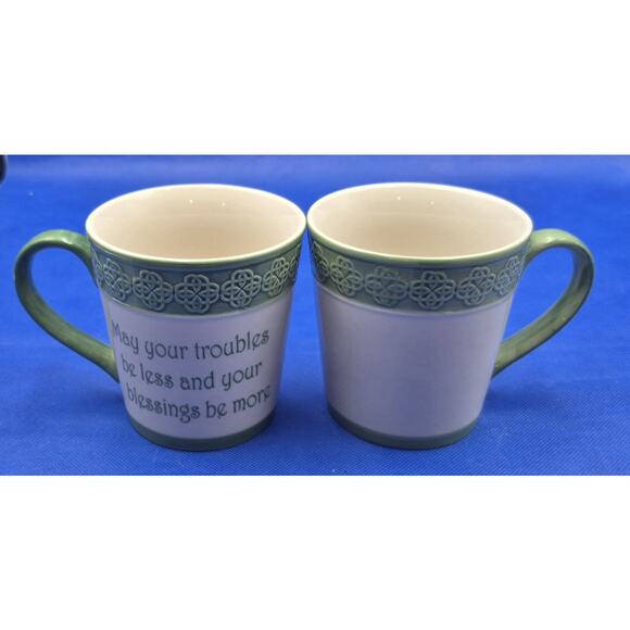 Two Celtic Knot Irish Blessing Stoneware Mugs Green Cream 15oz Capacity - Picture 2 of 12
